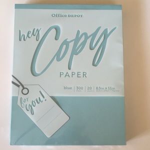 Office Depot’s “hey Copy paper” , 300 sheets, 20 lbs, pastel blue